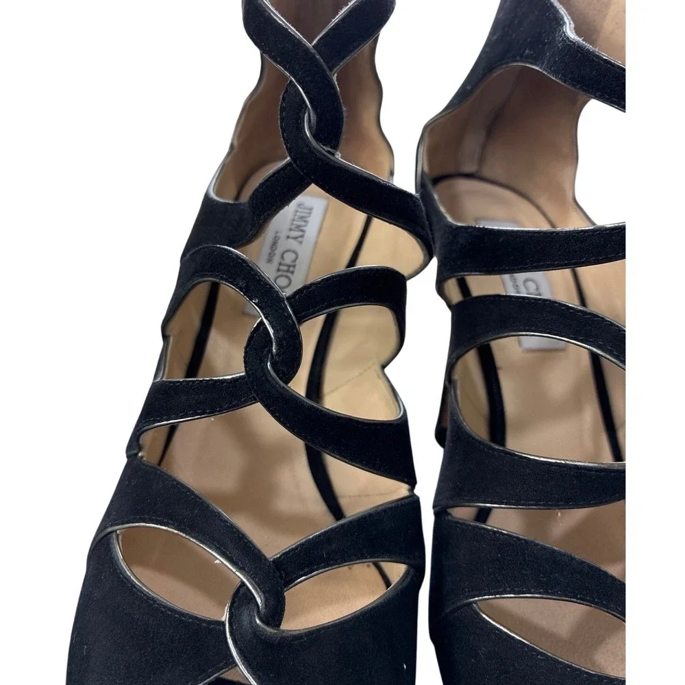 Jimmy Choo Black‎ Strappy Suede Heels Sandals EU 38.5 Stiletto Cage Heels